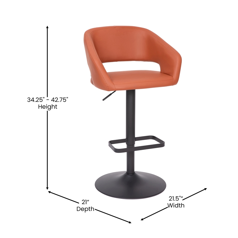 Pemberly Row Adjustable Height Barstool with Mid-Back & Black Base in Cognac