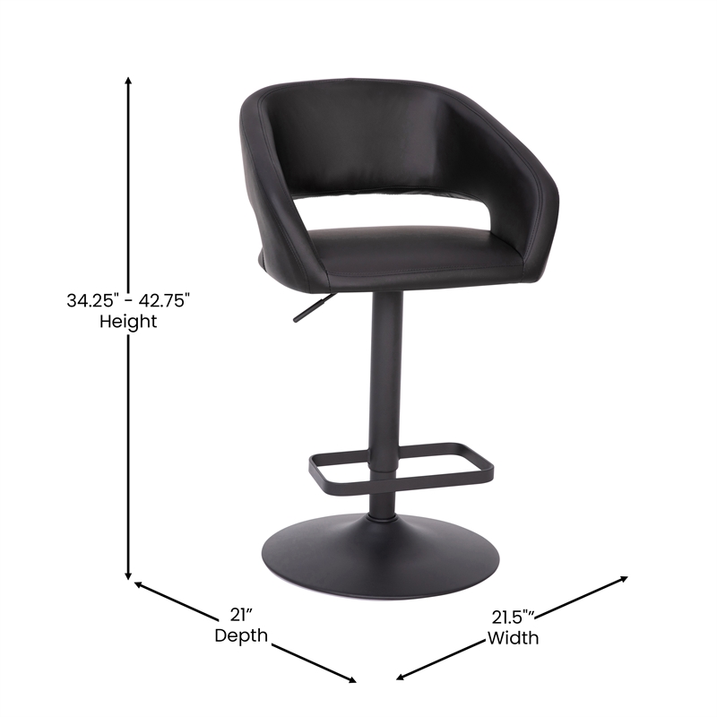 Pemberly Row Adjustable Height Barstool with Mid-Back & Black Base in Black