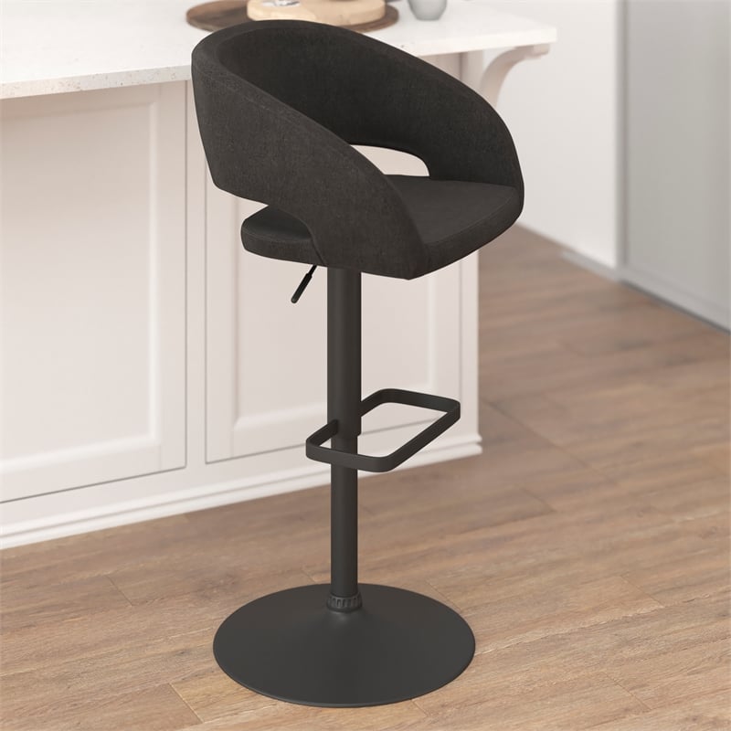 Pemberly Row Adjustable Height Barstool with Mid-Back & Black Base in Charcoal