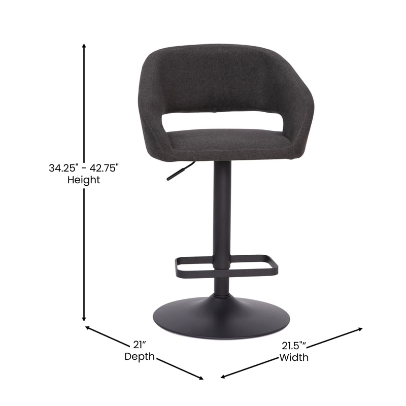 Pemberly Row Adjustable Height Barstool with Mid-Back & Black Base in Charcoal