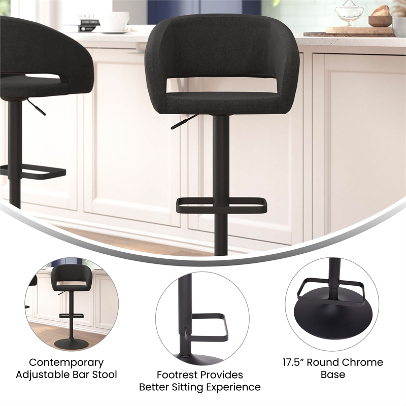 Pemberly Row Adjustable Height Barstool with Mid-Back & Black Base in Charcoal