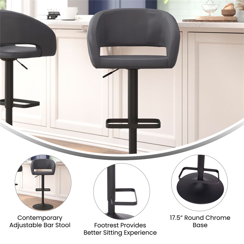 Pemberly Row Adjustable Height Barstool with Mid-Back & Black Base in Gray