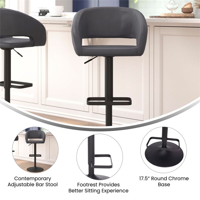 Pemberly Row Adjustable Height Barstool with Mid-Back & Black Base in Gray