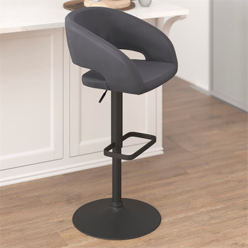 Pemberly Row Adjustable Height Barstool with Mid-Back & Black Base in Gray
