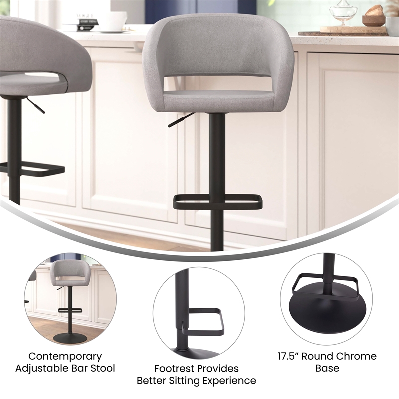 Pemberly Row Adjustable Height Barstool with Mid-Back & Black Base in Gray