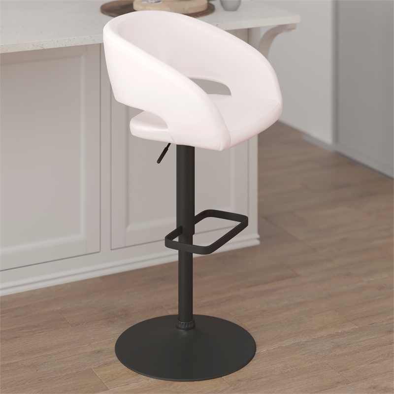 Pemberly Row Adjustable Height Barstool with Mid-Back & Black Base in White