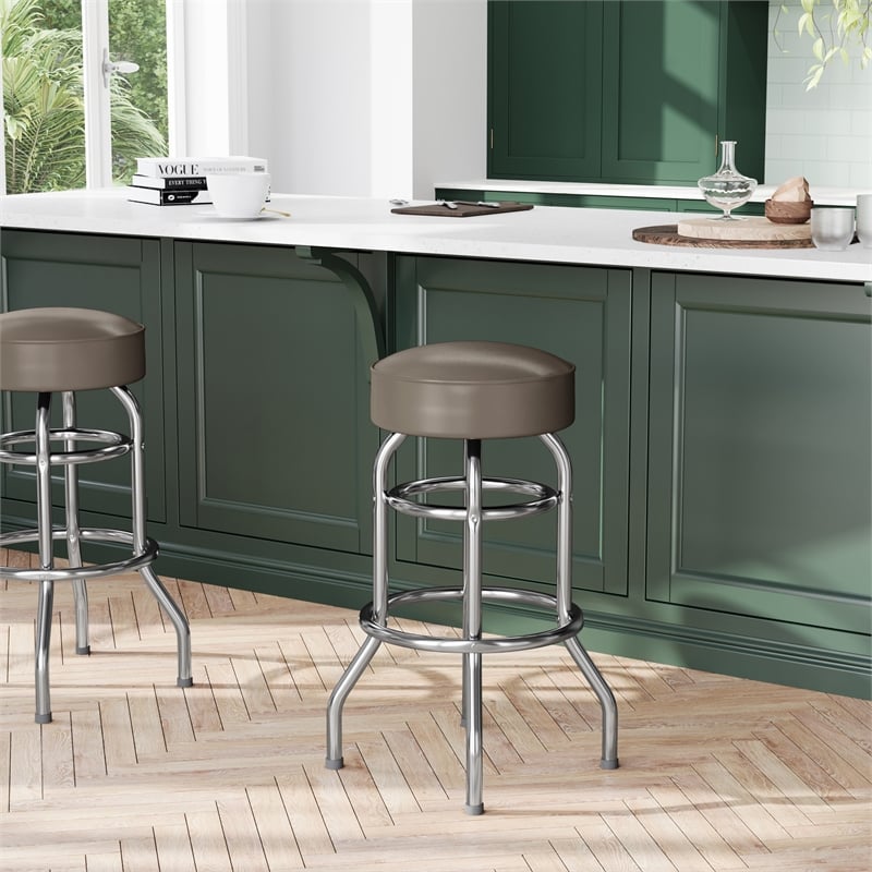 Pemberly Row Backless Double Ring Chrome Swivel Barstool with Beige Seat
