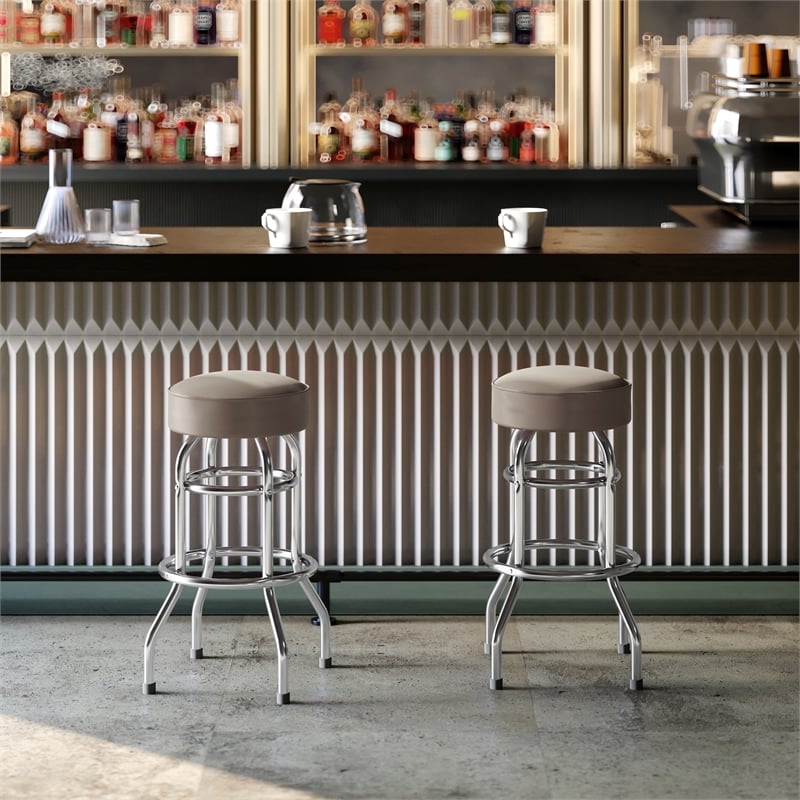 Pemberly Row Backless Double Ring Chrome Swivel Barstool with Beige Seat