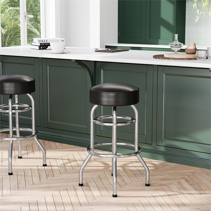 Pemberly Row Backless Double Ring Chrome Swivel Barstool in Dark Brown