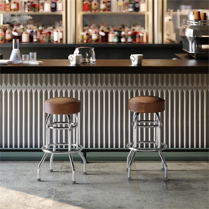 Pemberly Row Backless Double Ring Chrome Swivel Barstool with Weathered Seat