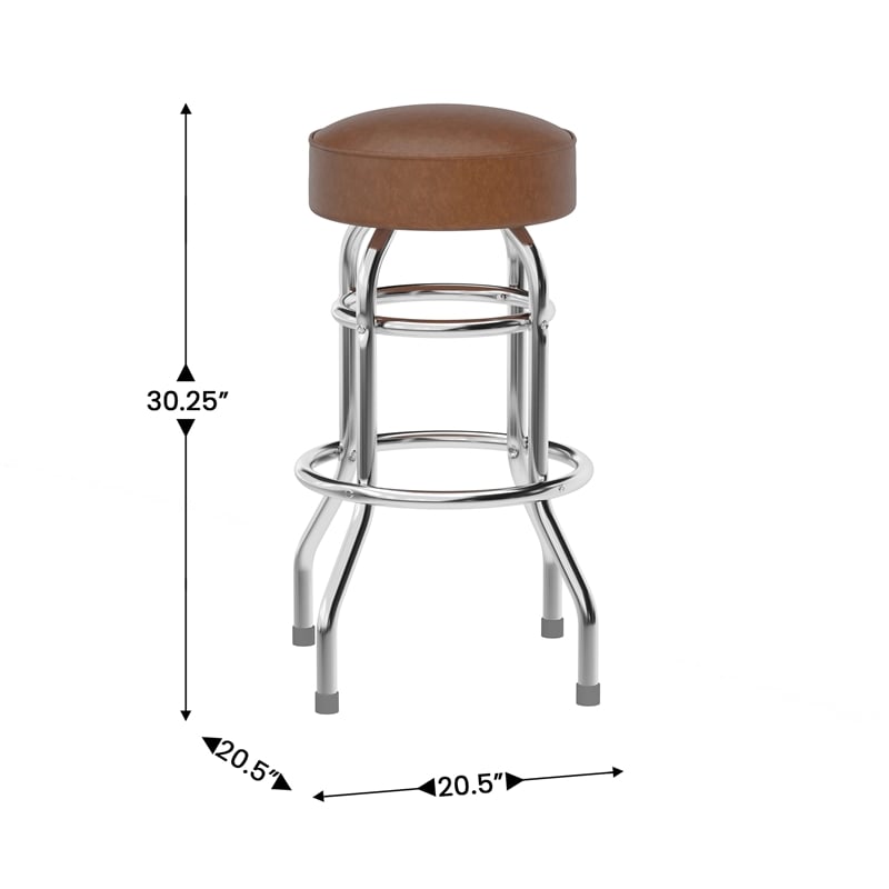 Pemberly Row Backless Double Ring Chrome Swivel Barstool with Weathered Seat