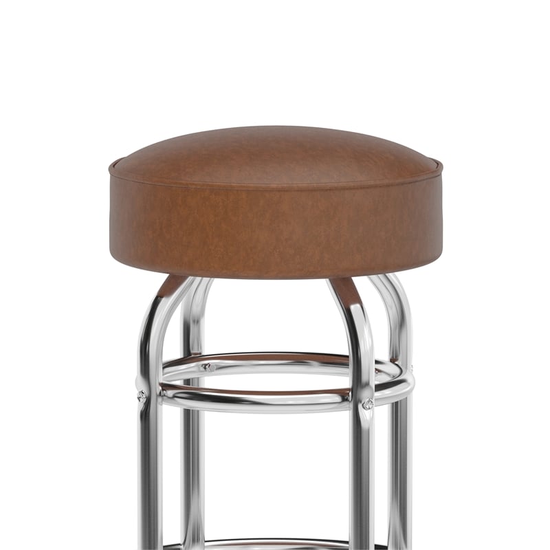 Pemberly Row Backless Double Ring Chrome Swivel Barstool with Weathered Seat