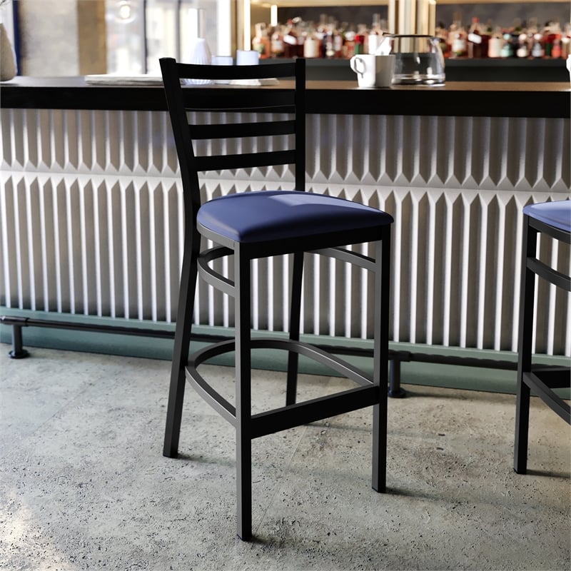 Pemberly Row Black Ladder Back Metal Restaurant Barstool with Blue Seat