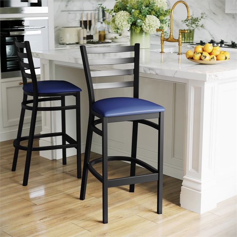 Pemberly Row Black Ladder Back Metal Restaurant Barstool with Blue Seat
