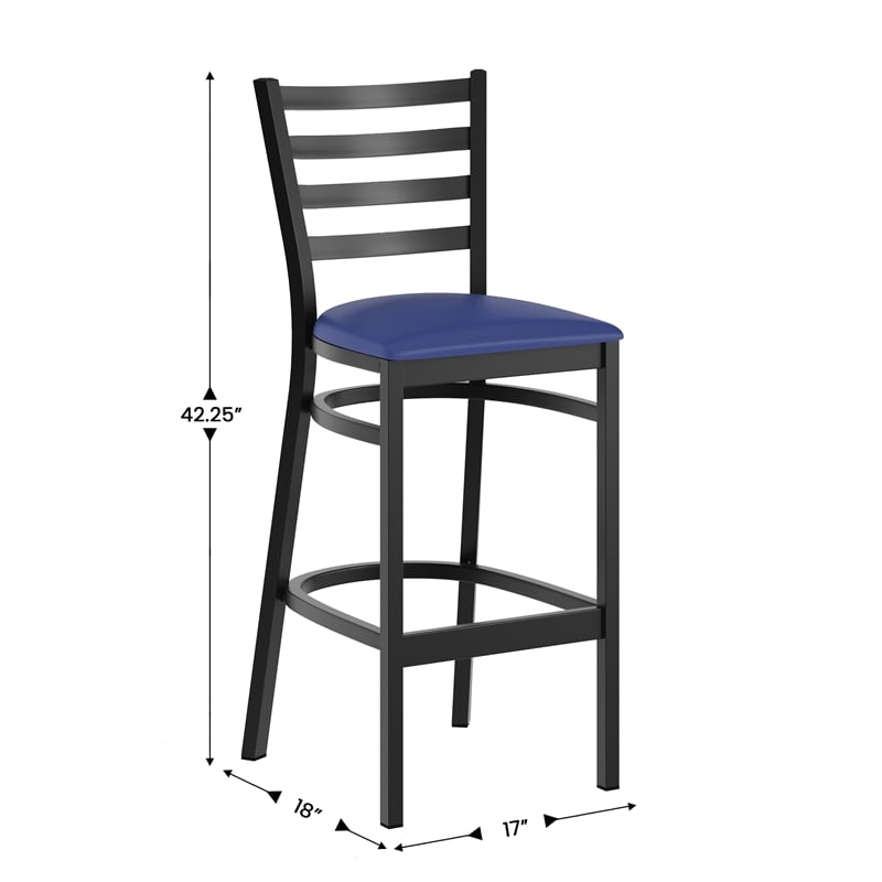 Pemberly Row Black Ladder Back Metal Restaurant Barstool with Blue Seat