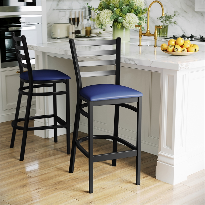 Pemberly Row Black Ladder Back Metal Restaurant Barstool with Blue Seat