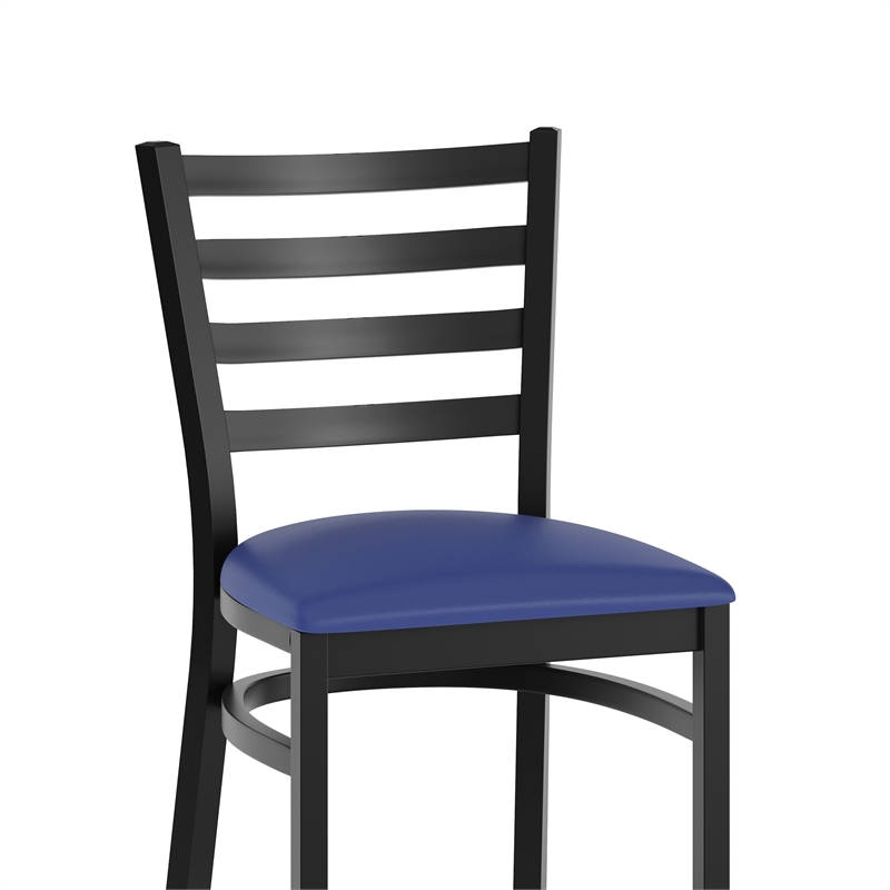 Pemberly Row Black Ladder Back Metal Restaurant Barstool with Blue Seat