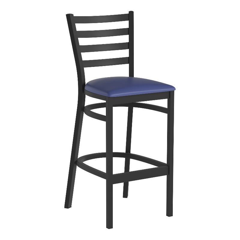 Pemberly Row Black Ladder Back Metal Restaurant Barstool with Blue Seat