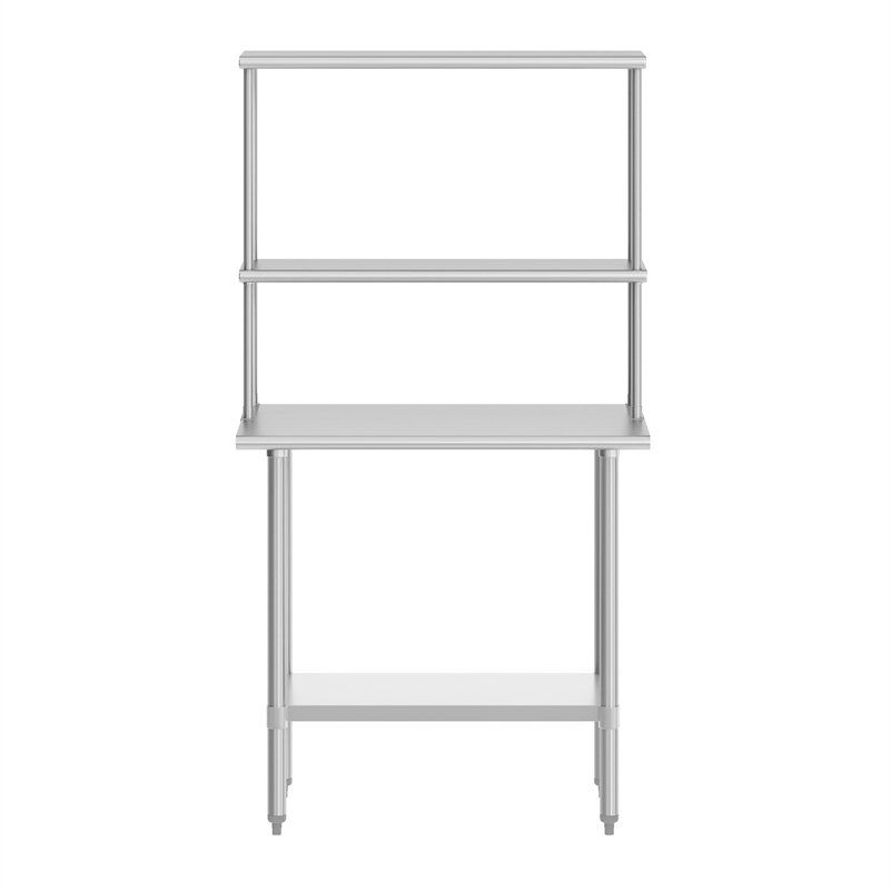 Pemberly Row 24x36 Stainless Steel Work Table with 2 Overshelves and Undershelf