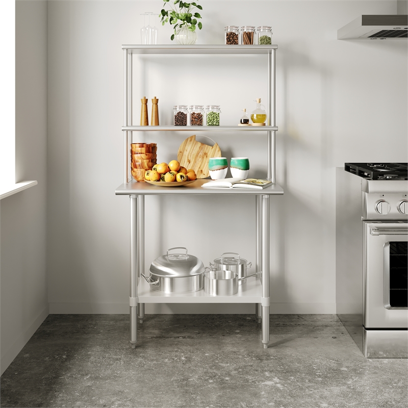Pemberly Row 24x36 Stainless Steel Work Table with 2 Overshelves and Undershelf
