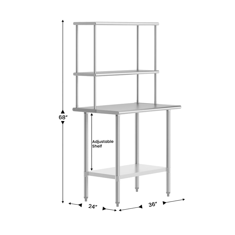 Pemberly Row 24x36 Stainless Steel Work Table with 2 Overshelves and Undershelf