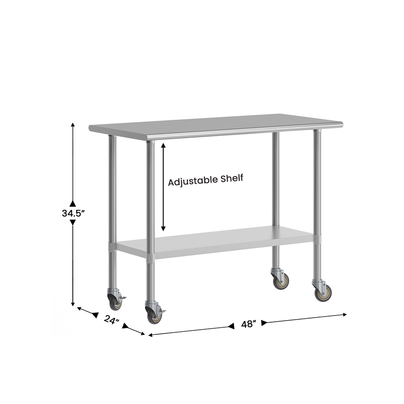 Pemberly Row 24x48 Stainless Steel 18 Gauge Work Table with Undershelf & Casters