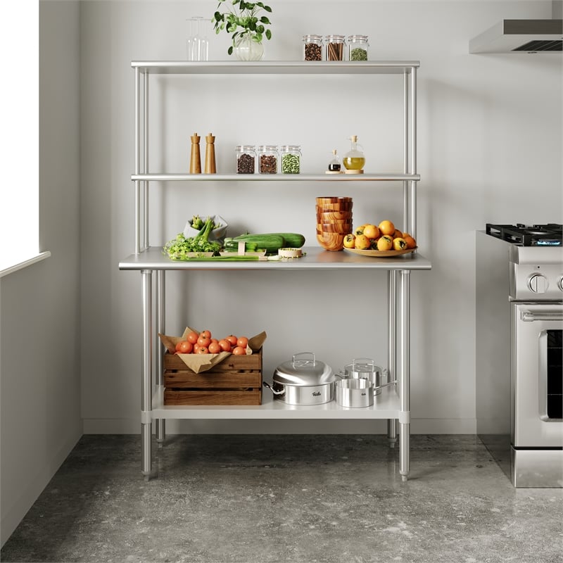 Pemberly Row 24x48 Stainless Steel Work Table with 2 Overshelves and Undershelf