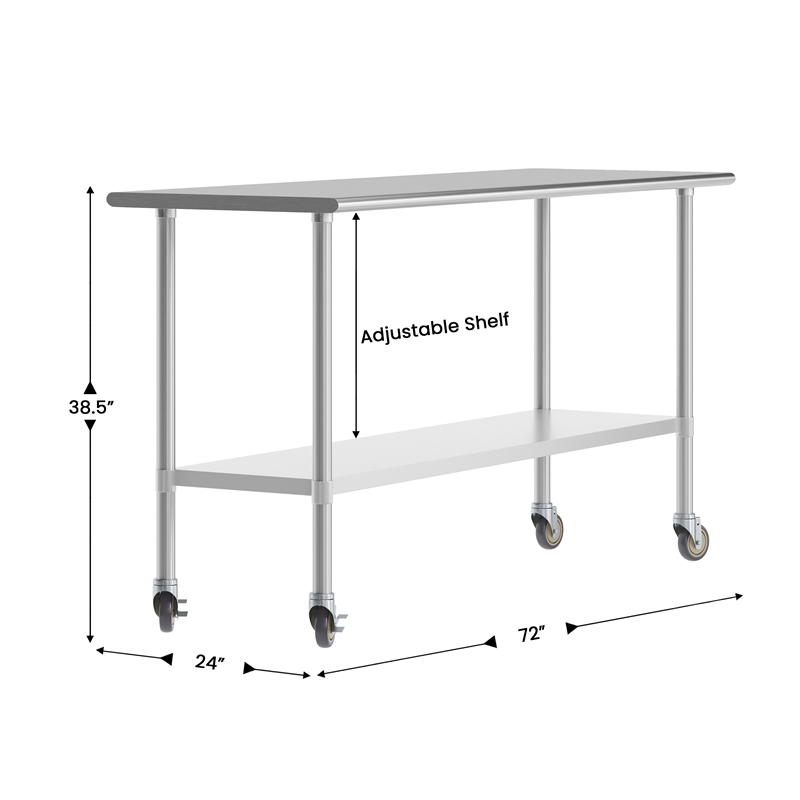 Pemberly Row 24x72 Stainless Steel 18 Gauge Work Table with Undershelf & Casters