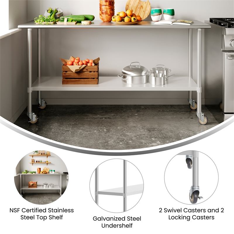 Pemberly Row 24x72 Stainless Steel 18 Gauge Work Table with Undershelf & Casters