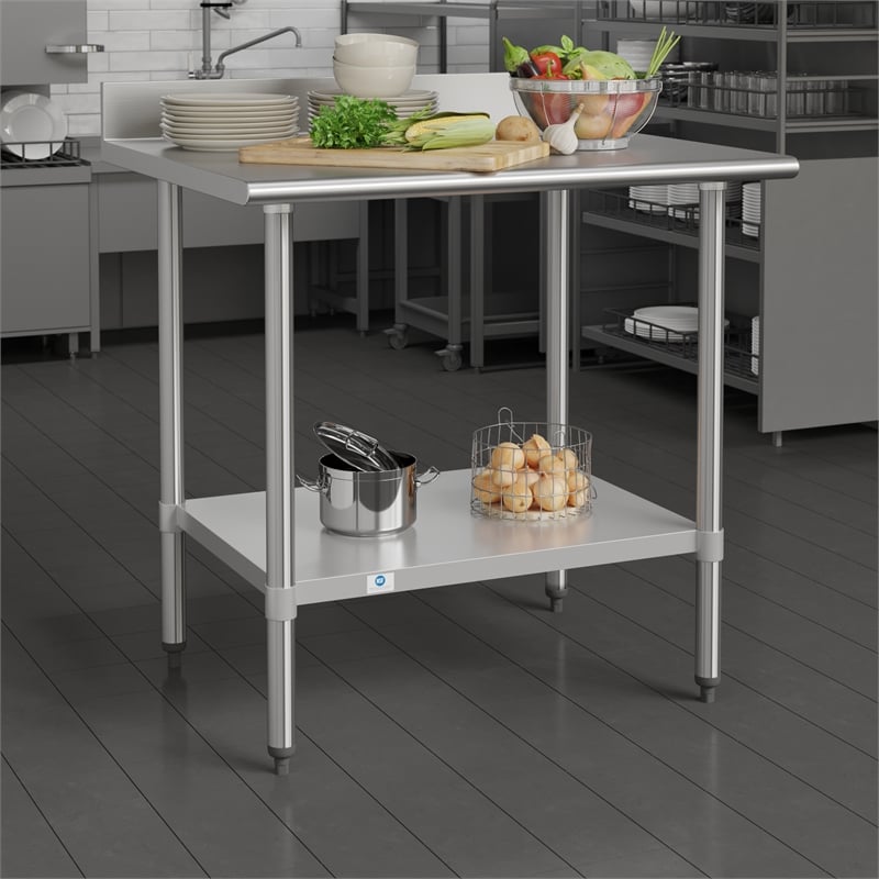 Pemberly Row Stainless Steel Kitchen Prep & Work Table with Shelf & Backsplash