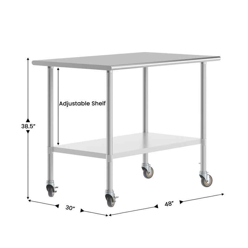 Pemberly Row 30x48 Stainless Steel 18 Gauge Work Table with Undershelf & Casters