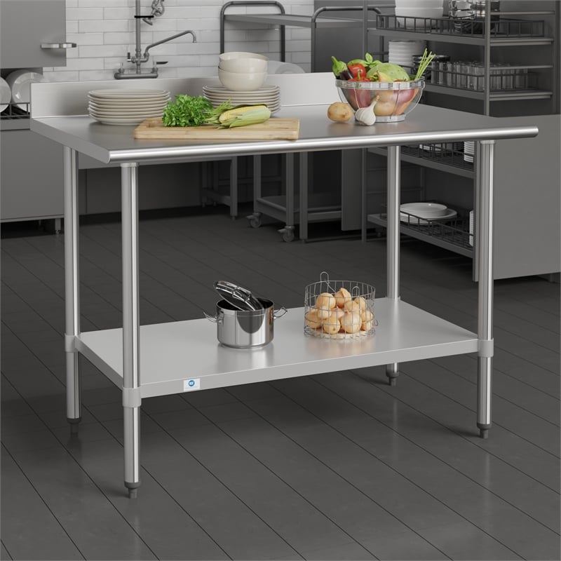 Pemberly Row Stainless Steel Kitchen Prep & Work Table with Shelf & Backsplash