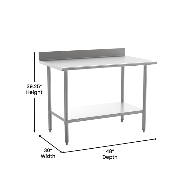 Pemberly Row Stainless Steel Kitchen Prep & Work Table with Shelf & Backsplash