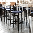 Pemberly Row Metal Barstool with Seat and Wood Boomerang Back in Blue/Natural
