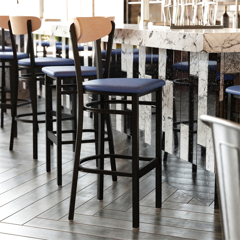 Pemberly Row Metal Barstool with Seat and Wood Boomerang Back in Blue/Natural