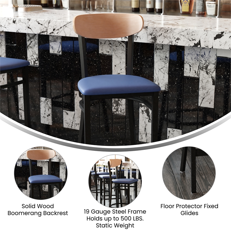 Pemberly Row Metal Barstool with Seat and Wood Boomerang Back in Blue/Natural