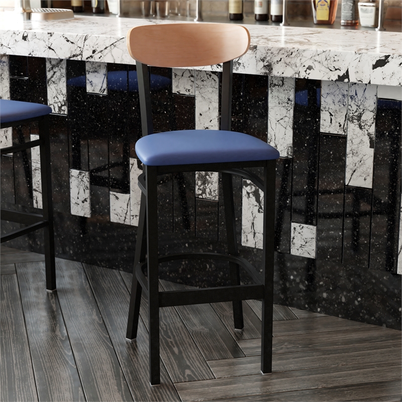Pemberly Row Metal Barstool with Seat and Wood Boomerang Back in Blue/Natural