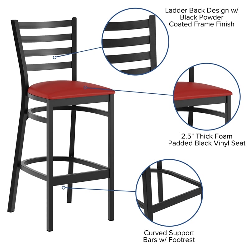 Pemberly Row Black Ladder Back Metal Restaurant Barstool with Red Seat