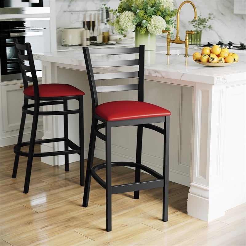 Pemberly Row Black Ladder Back Metal Restaurant Barstool with Red Seat