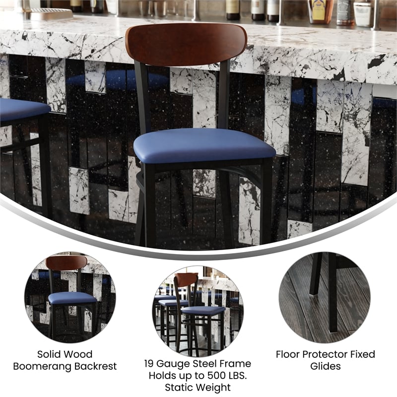 Pemberly Row Metal Barstool with Seat and Wood Boomerang Back in Blue/Walnut