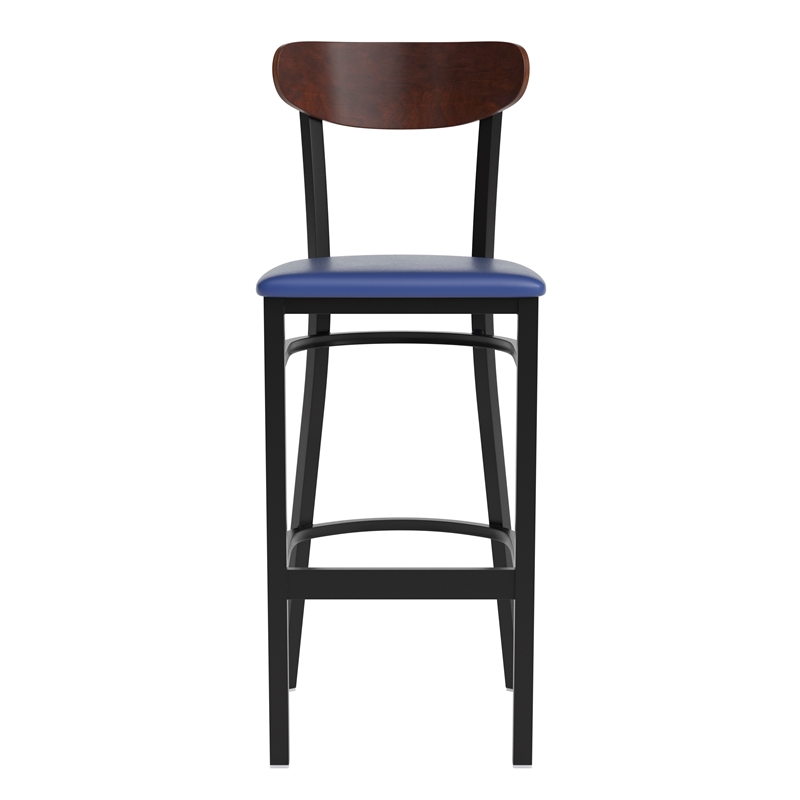 Pemberly Row Metal Barstool with Seat and Wood Boomerang Back in Blue/Walnut