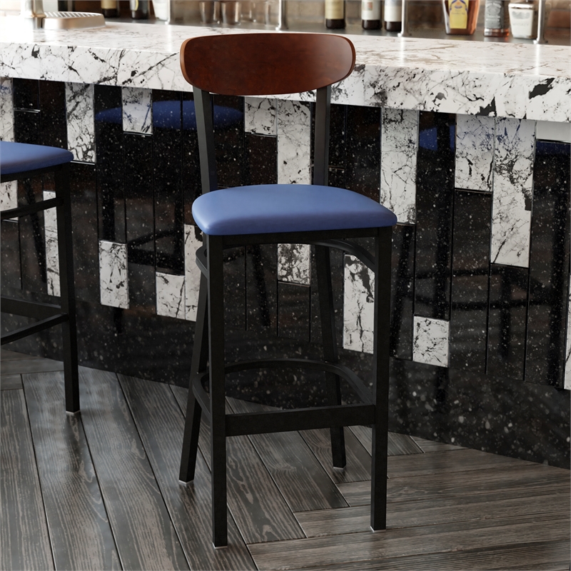 Pemberly Row Metal Barstool with Seat and Wood Boomerang Back in Blue/Walnut