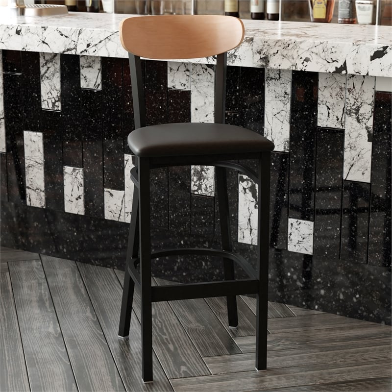 Pemberly Row Metal Barstool with Seat and Wood Boomerang Back in Black/Natural
