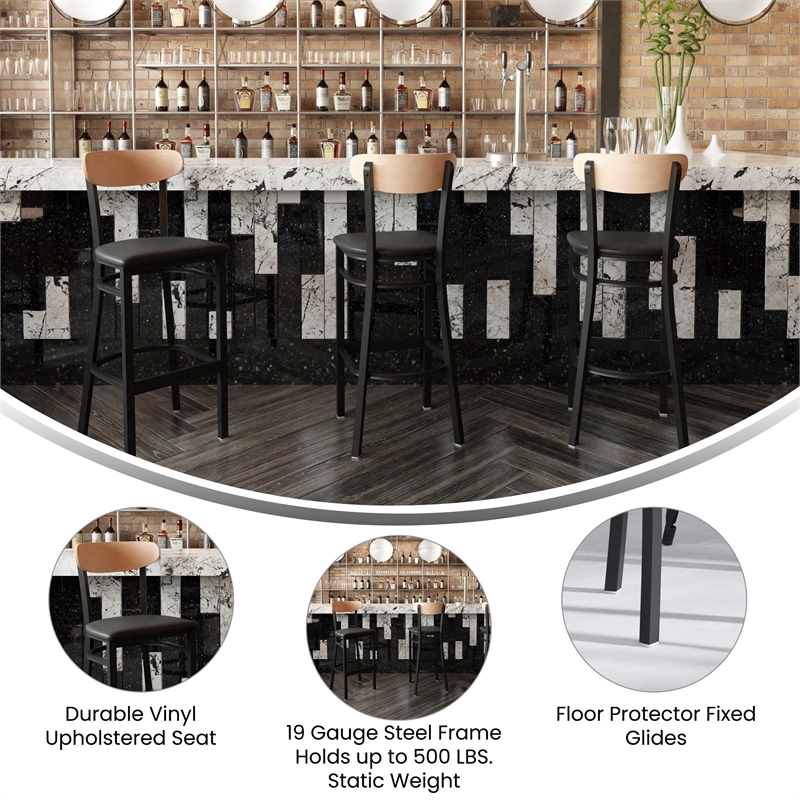 Pemberly Row Metal Barstool with Seat and Wood Boomerang Back in Black/Natural