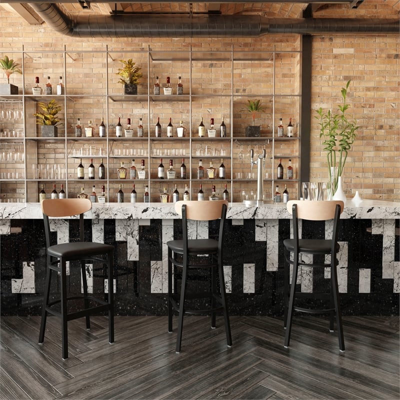 Pemberly Row Metal Barstool with Seat and Wood Boomerang Back in Black/Natural