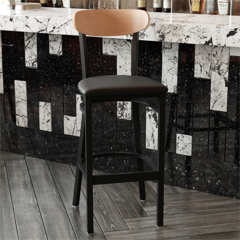 Pemberly Row Metal Barstool with Seat and Wood Boomerang Back in Black/Natural