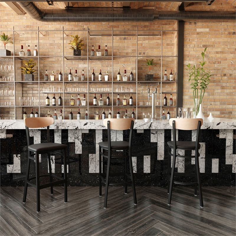 Pemberly Row Metal Barstool with Seat and Wood Boomerang Back in Black/Natural