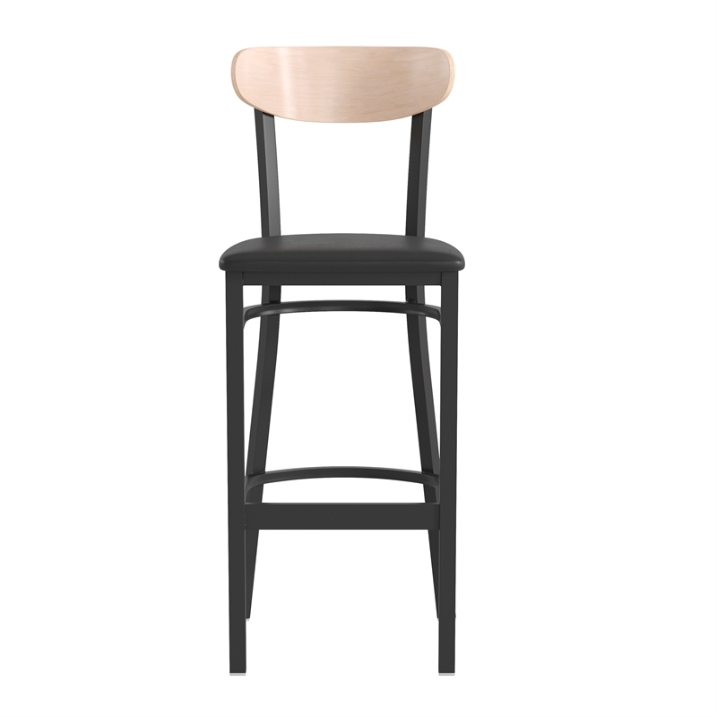 Pemberly Row Metal Barstool with Seat and Wood Boomerang Back in Black/Natural