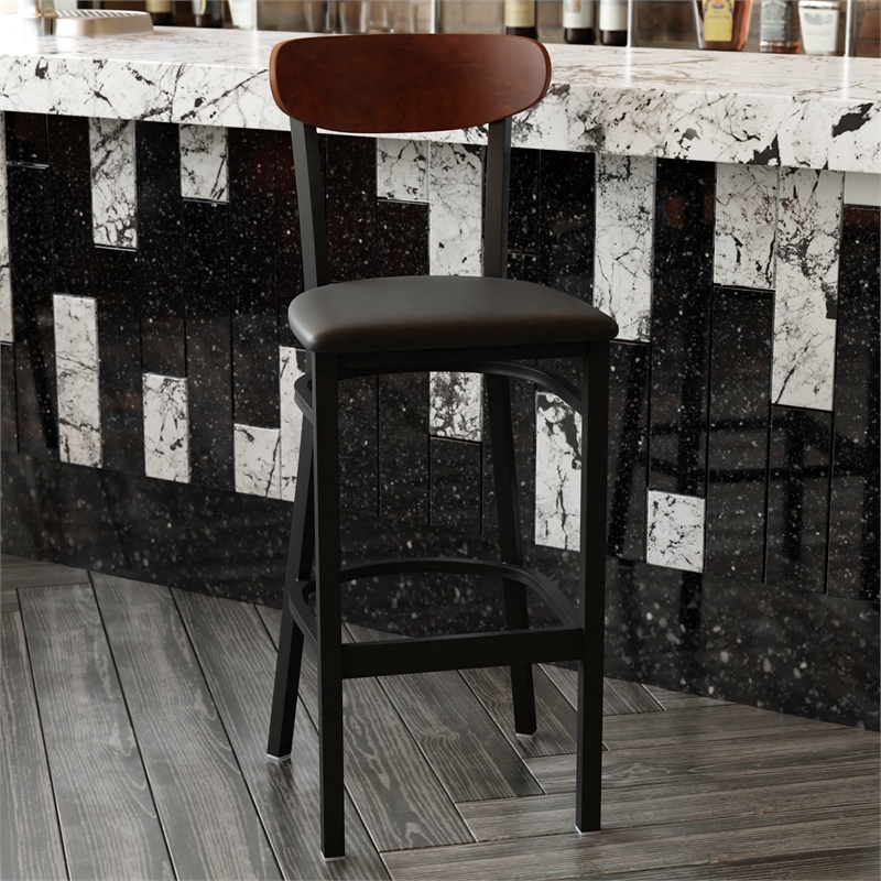 Pemberly Row Metal Barstool with Seat and Wood Boomerang Back in Black/Walnut