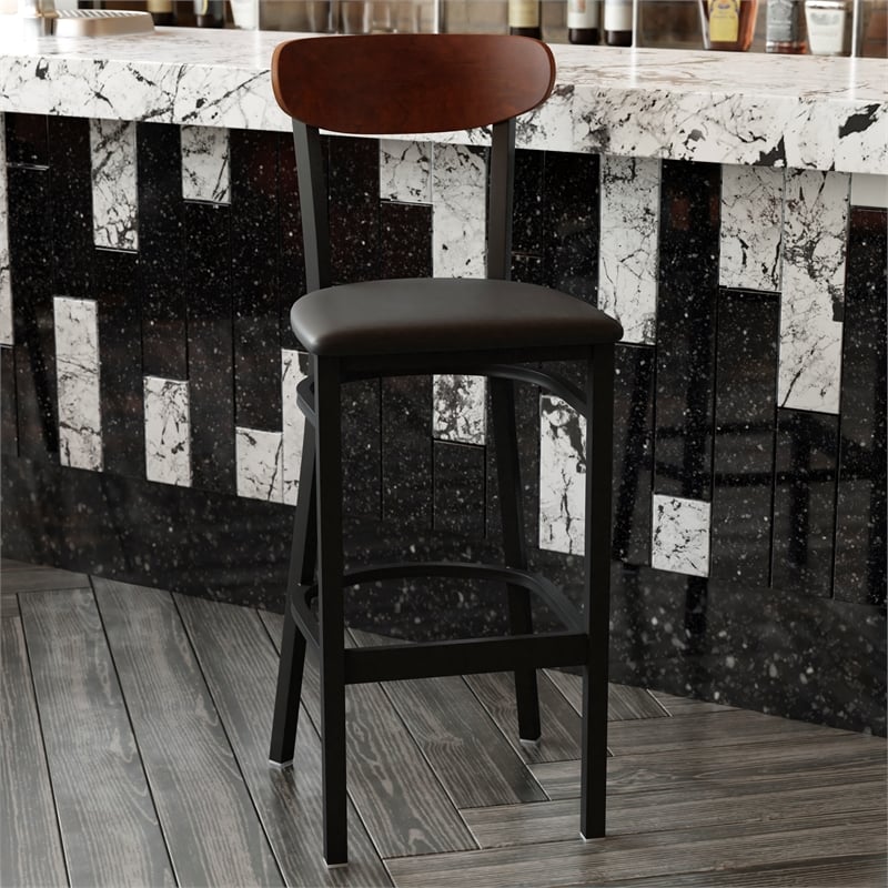 Pemberly Row Metal Barstool with Seat and Wood Boomerang Back in Black/Walnut